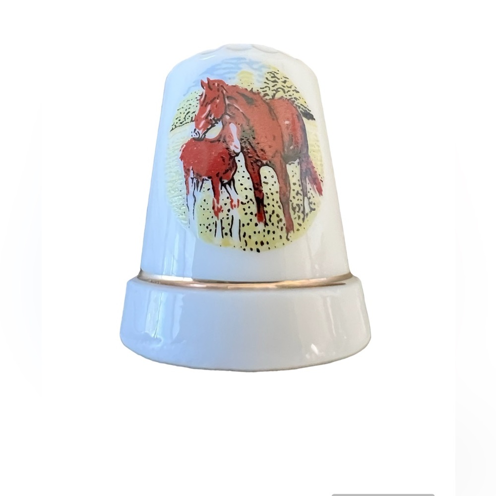 Horses in Field Porcelain Souvenir Thimble Collectible Home Decor